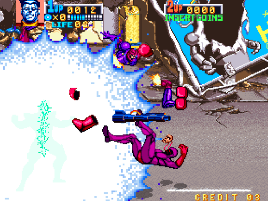 Xmen arcade cabinet Colossus blowing away with mutant power energy spark blowing away henchmen including a henchmen's face