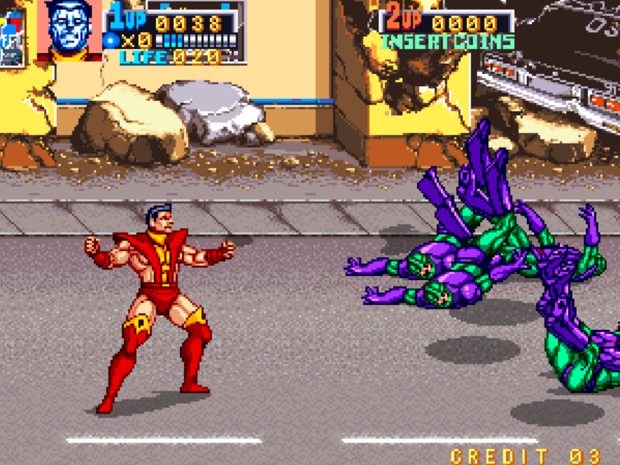 Xmen arcade cabinet colosuss with his human normal skin look mutant power energy spark