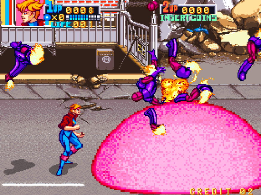 Dazzler using mutant power light blast blowing away henchmen