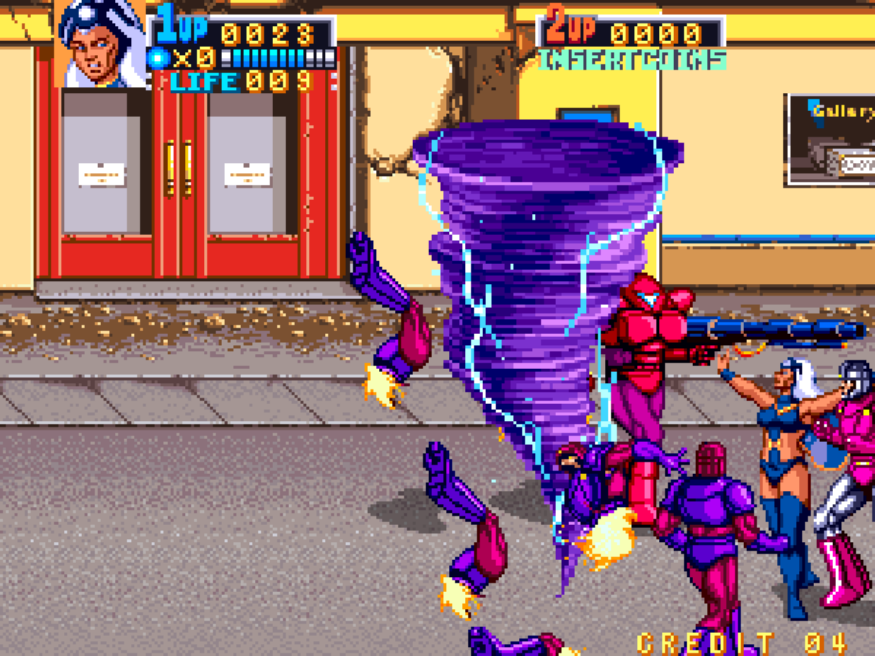 Xmen arcade cabinet Storm using mutant power Lightning Tornado blowing away henchmen