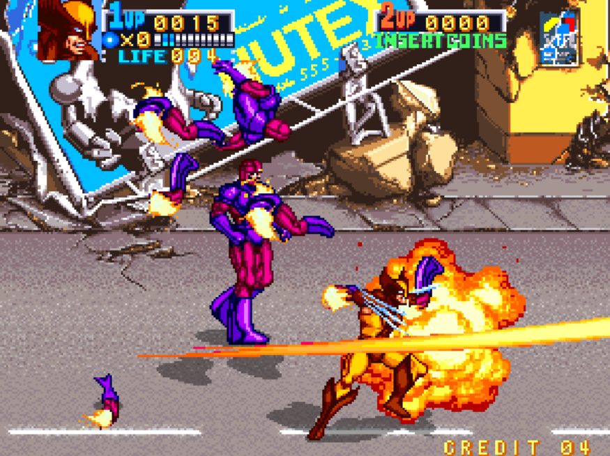 Xmen arcade cabinet Wolverine doing mutant power Adamantium laser blade slicing up henchmen